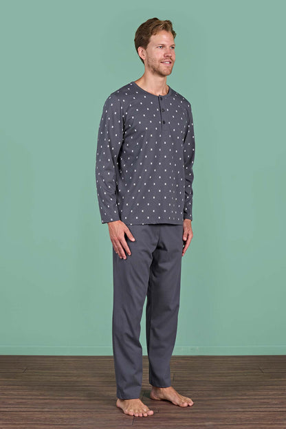 Pınarca Erkek Pijama Takımı Uzun Kollu Düğmeli Büyük Beden Desenli Pamuklu