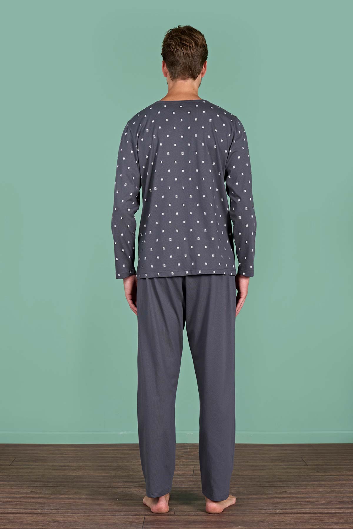 Pınarca Erkek Pijama Takımı Uzun Kollu Düğmeli Büyük Beden Desenli Pamuklu