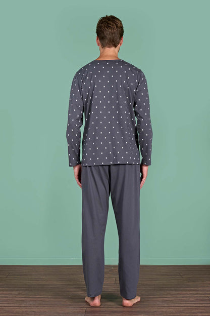 Pınarca Erkek Pijama Takımı Uzun Kollu Düğmeli Büyük Beden Desenli Pamuklu