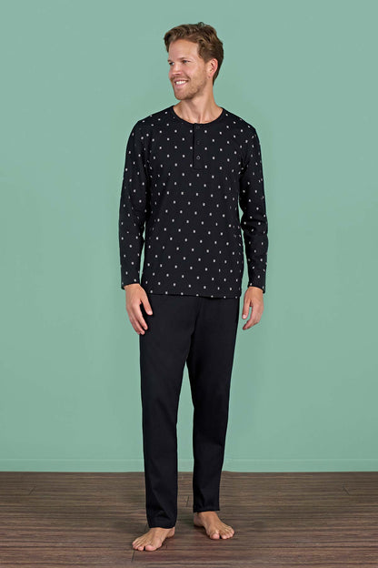 Pınarca Erkek Pijama Takımı Uzun Kollu Düğmeli Büyük Beden Desenli Pamuklu