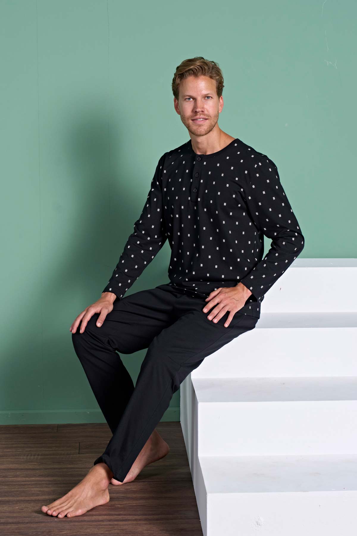 Pınarca Erkek Pijama Takımı Uzun Kollu Düğmeli Büyük Beden Desenli Pamuklu