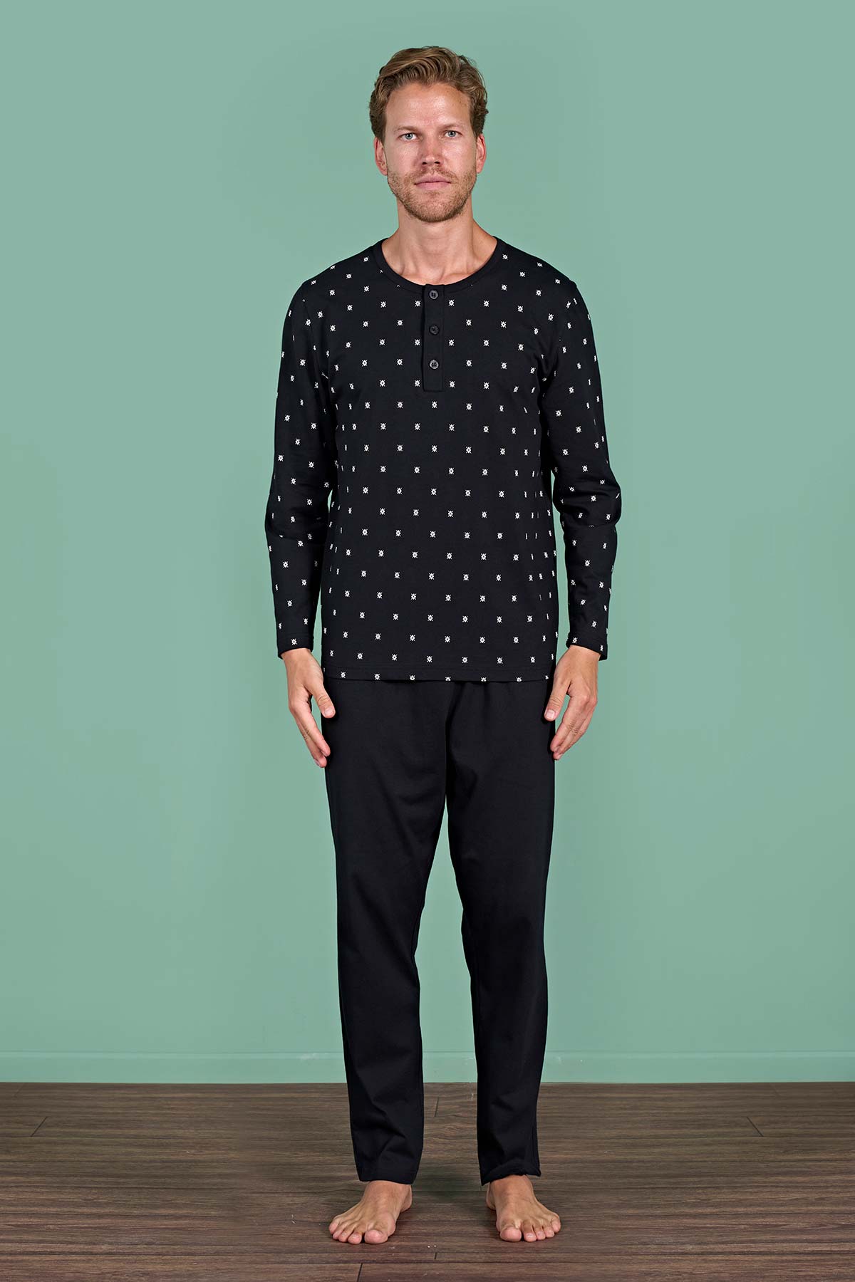 Pınarca Erkek Pijama Takımı Uzun Kollu Düğmeli Büyük Beden Desenli Pamuklu