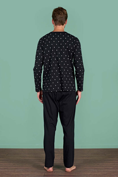 Pınarca Erkek Pijama Takımı Uzun Kollu Düğmeli Büyük Beden Desenli Pamuklu