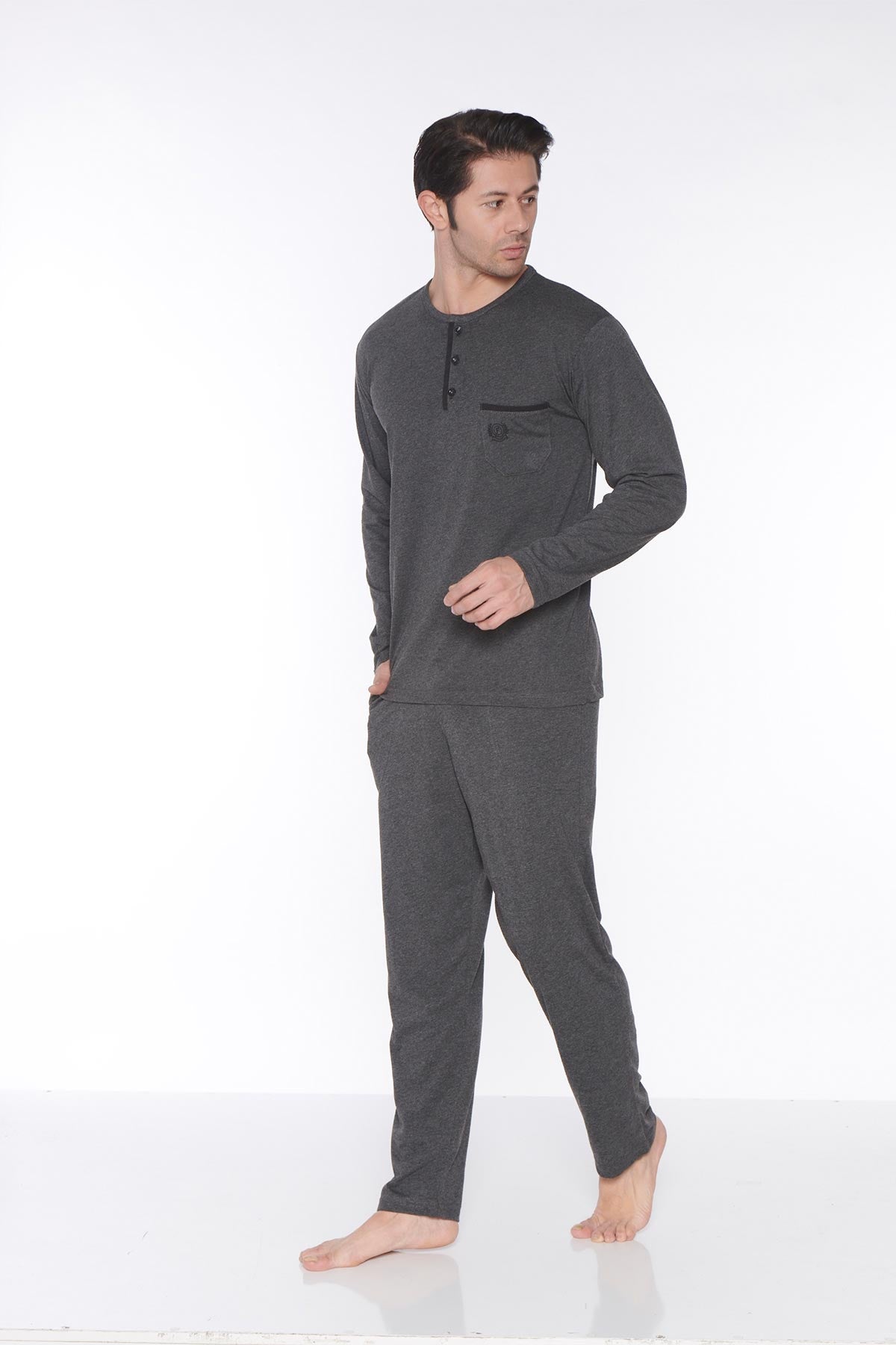 Pınarca Erkek Pijama Takımı Uzun Kollu Düğmeli Cep Detaylı