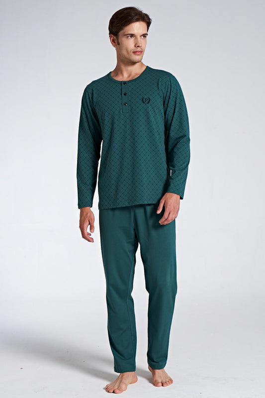 Pınarca Erkek Pijama Takımı Uzun Kollu Düğmeli Desenli Büyük Beden