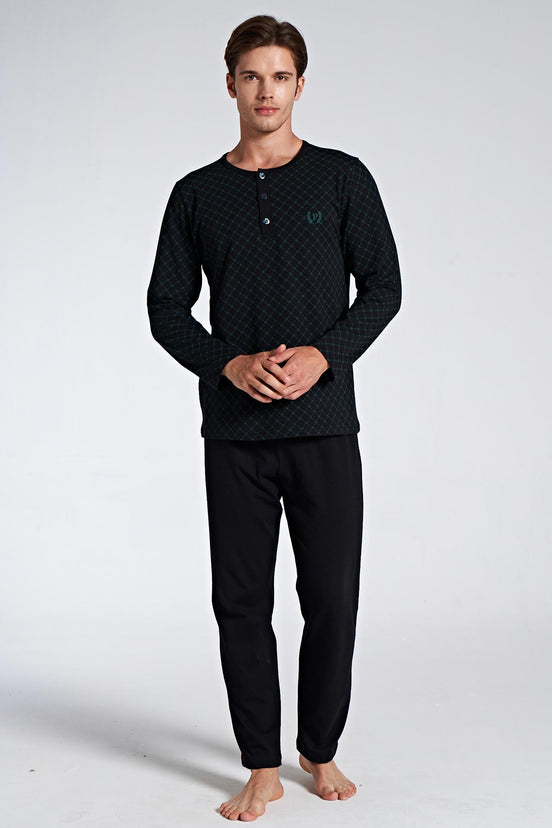 Pınarca Erkek Pijama Takımı Uzun Kollu Düğmeli Desenli Büyük Beden