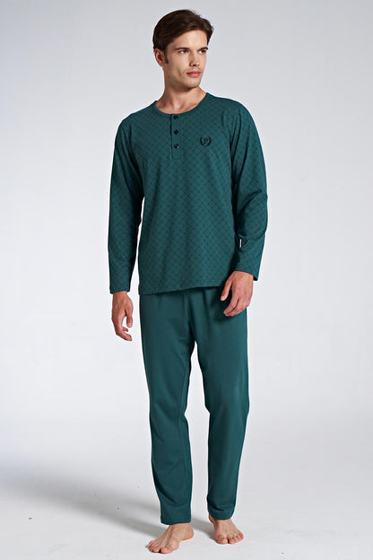 Pınarca Erkek Pijama Takımı Uzun Kollu Düğmeli Desenli Büyük Beden