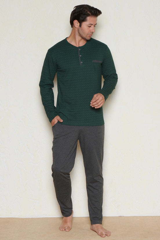 Pınarca Erkek Pijama Takımı Uzun Kollu Düğmeli Desenli Büyük Beden