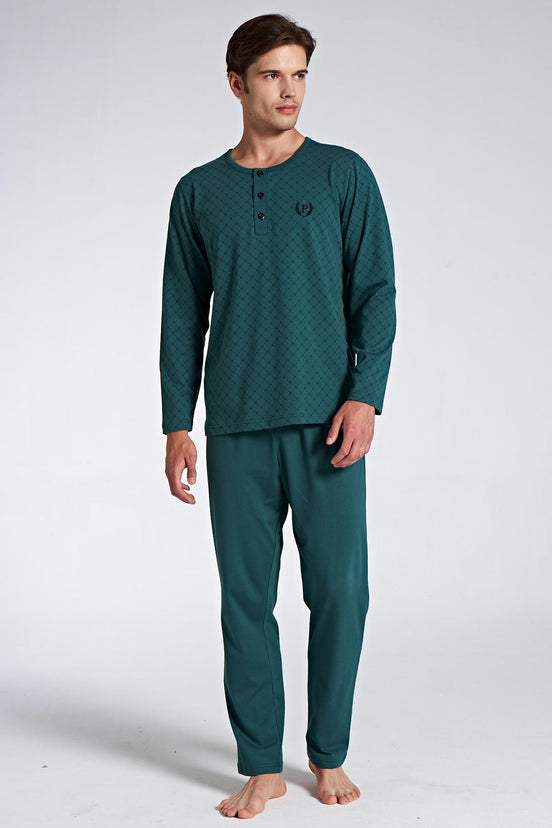 Pınarca Erkek Pijama Takımı Uzun Kollu Düğmeli Desenli Pamuklu