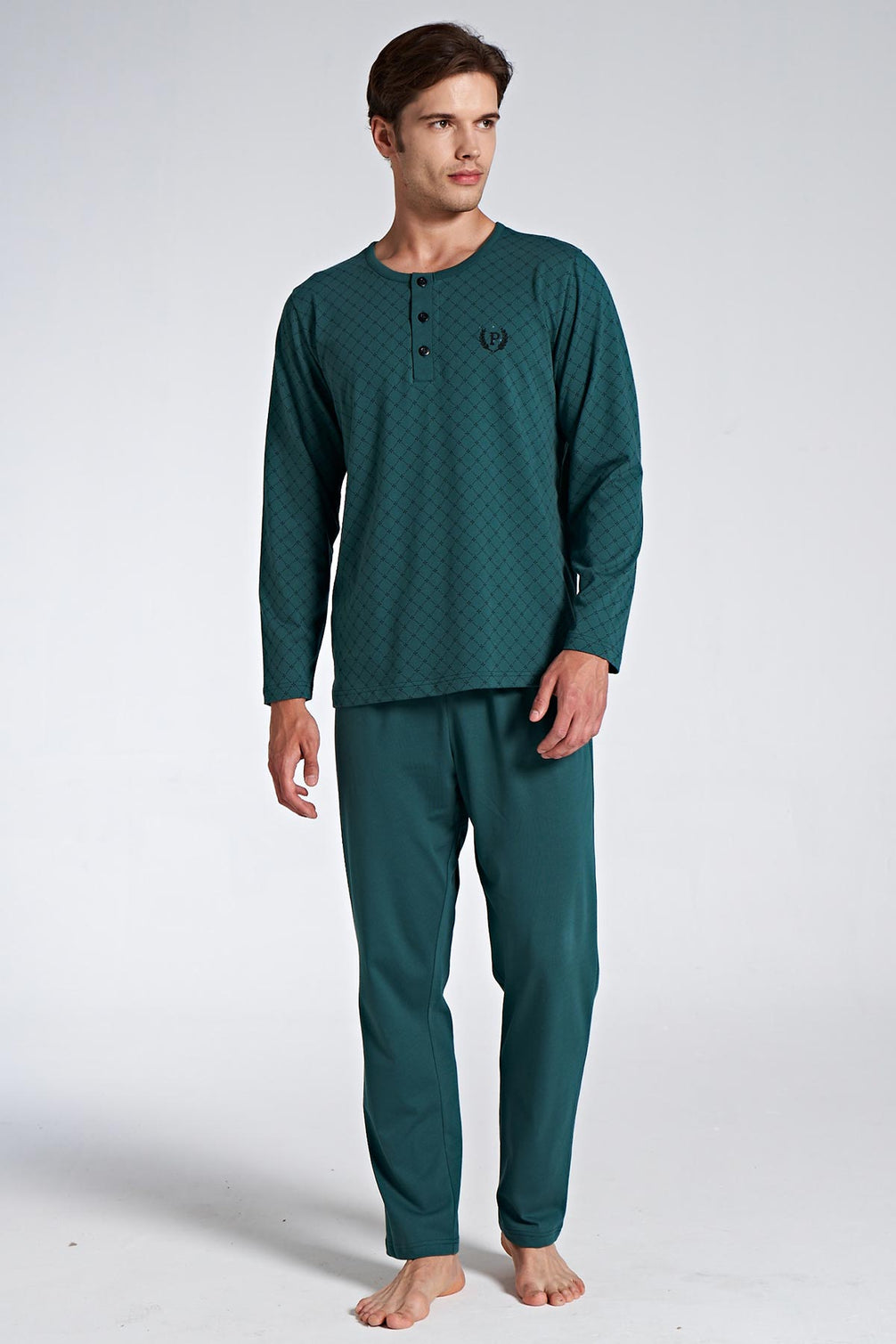 Pınarca Erkek Pijama Takımı Uzun Kollu Düğmeli Desenli Pamuklu