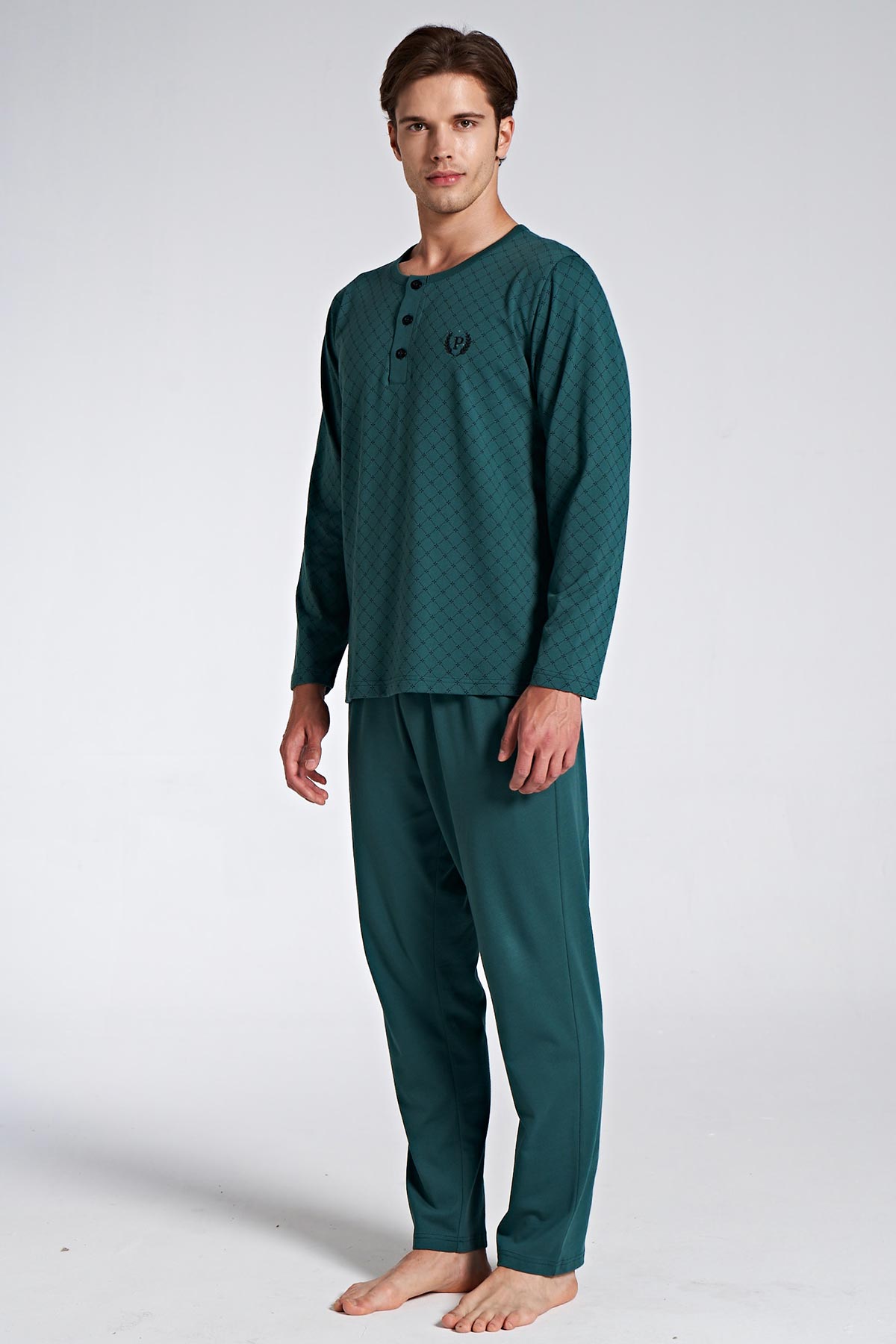 Pınarca Erkek Pijama Takımı Uzun Kollu Düğmeli Desenli Pamuklu