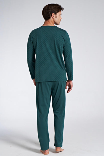 Pınarca Erkek Pijama Takımı Uzun Kollu Düğmeli Desenli Pamuklu