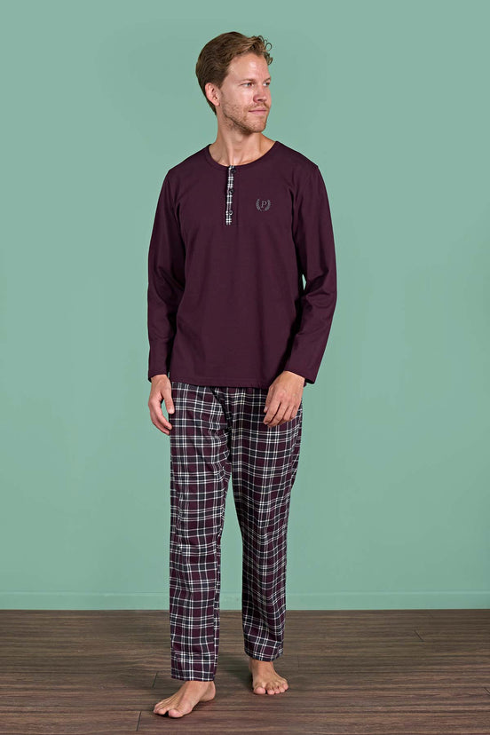 Pınarca Erkek Pijama Takımı Uzun Kollu Düğmeli Ekoseli Pamuklu Eşli
