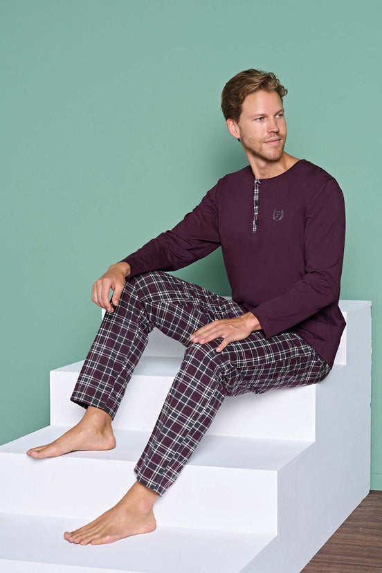 Pınarca Erkek Pijama Takımı Uzun Kollu Düğmeli Ekoseli Pamuklu Eşli