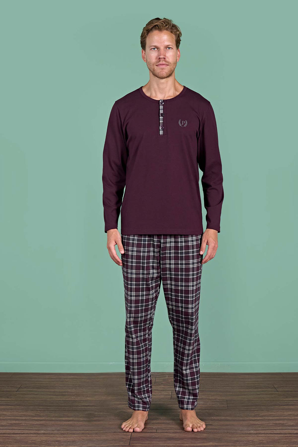 Pınarca Erkek Pijama Takımı Uzun Kollu Düğmeli Ekoseli Pamuklu Eşli