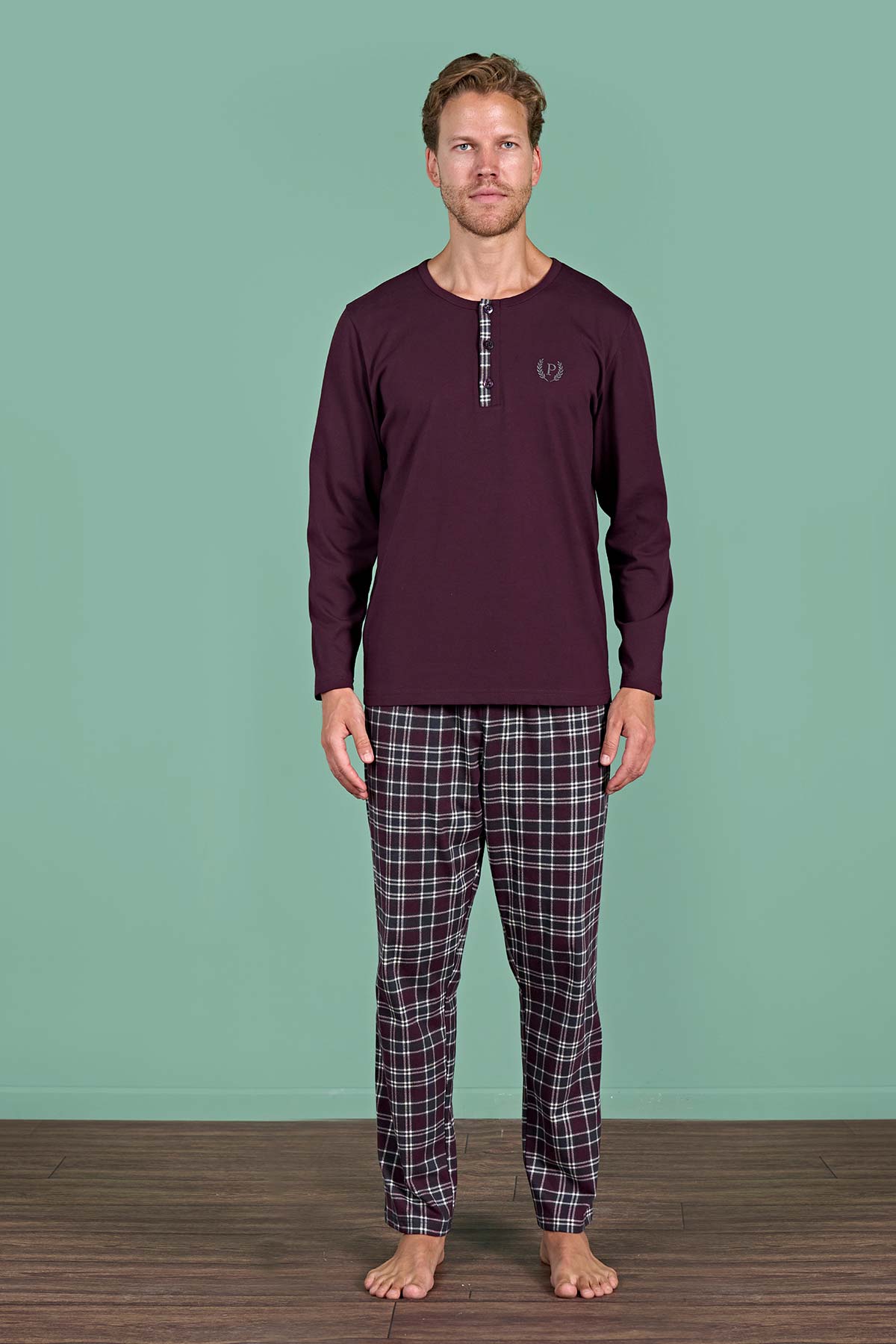 Pınarca Erkek Pijama Takımı Uzun Kollu Düğmeli Ekoseli Pamuklu Eşli