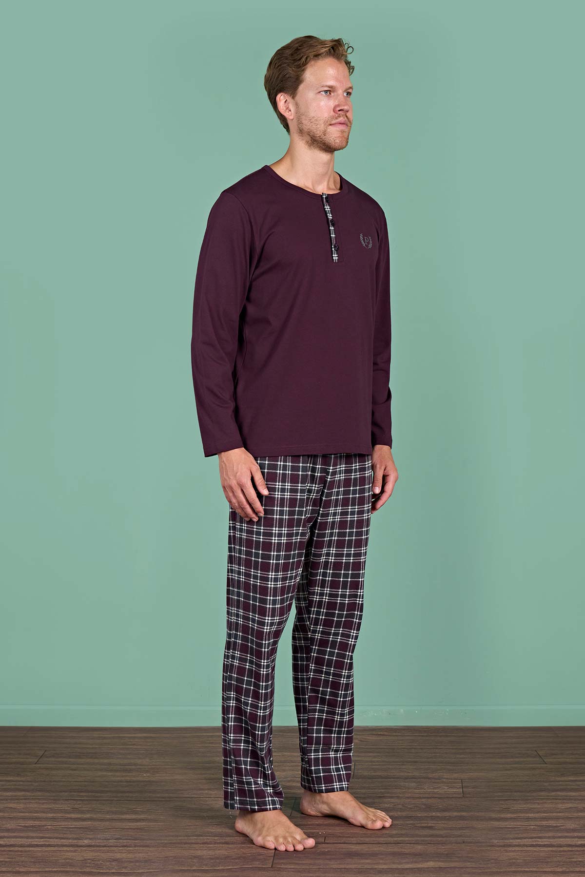 Pınarca Erkek Pijama Takımı Uzun Kollu Düğmeli Ekoseli Pamuklu Eşli