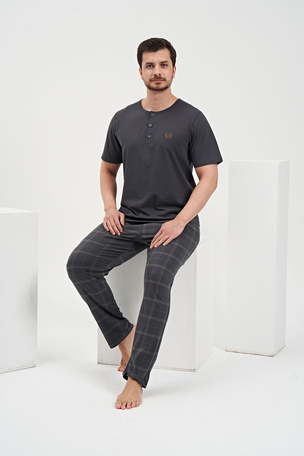 Pınarca Erkek Pijama Takımı Uzun Kollu Düğmeli Kareli Büyük Beden