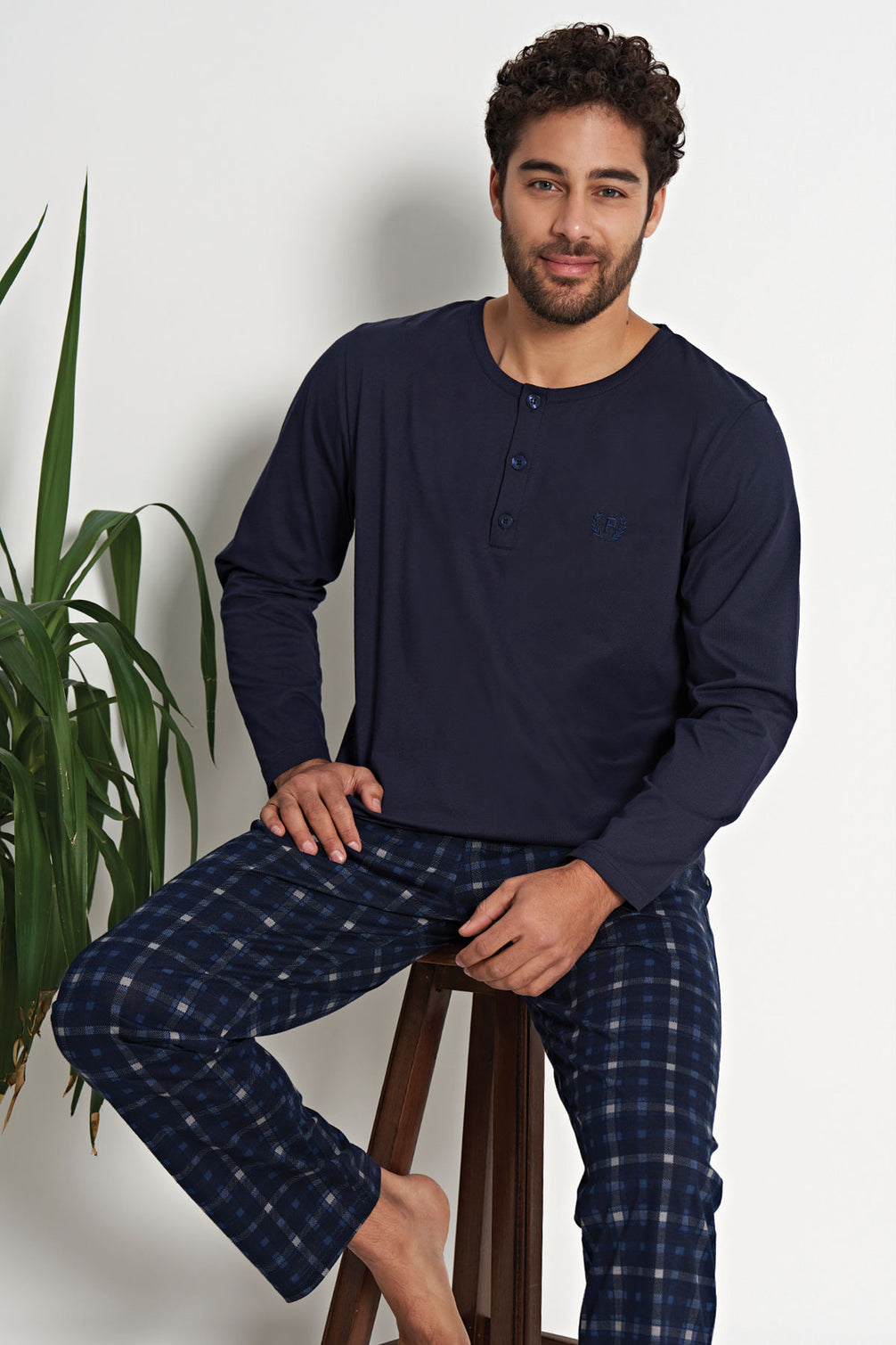 Pınarca Erkek Pijama Takımı Uzun Kollu Düğmeli Kareli Pamuklu