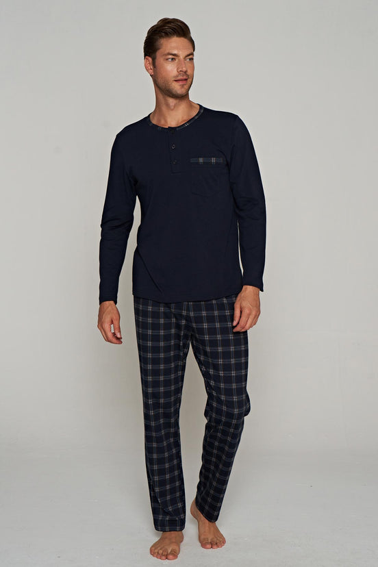 Pınarca Erkek Pijama Takımı Uzun Kollu Düğmeli Kareli Pijama Altı