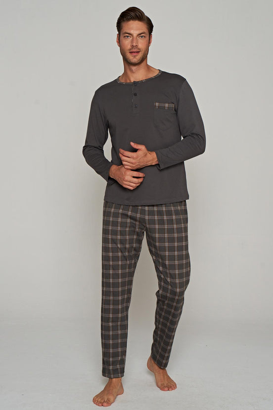 Pınarca Erkek Pijama Takımı Uzun Kollu Düğmeli Kareli Pijama Altı