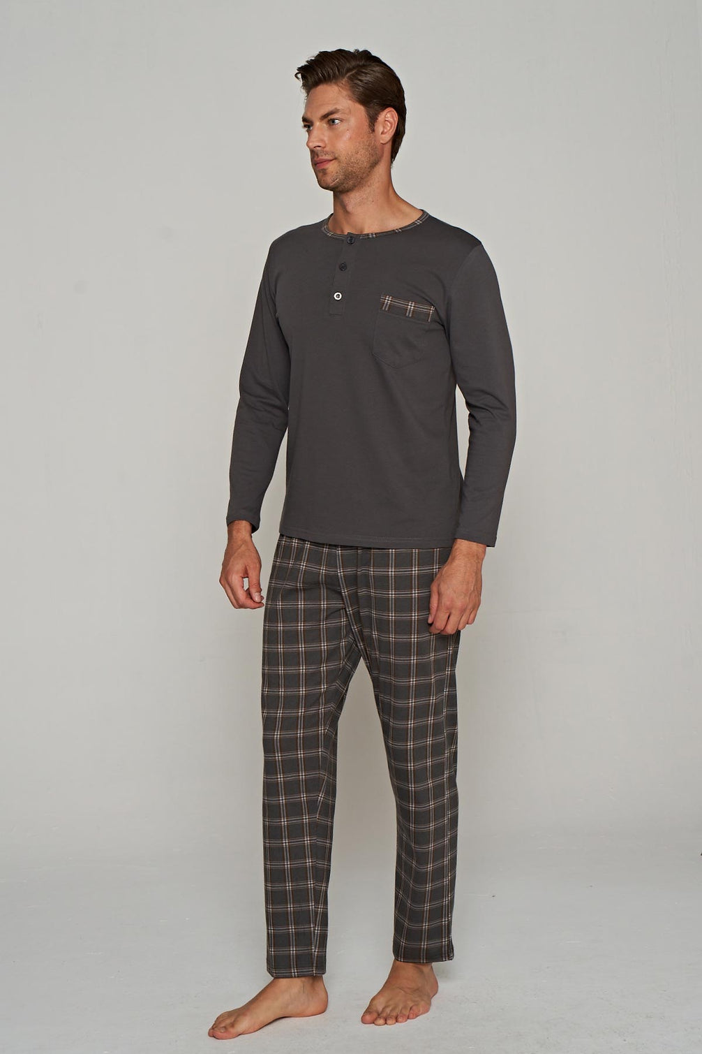 Pınarca Erkek Pijama Takımı Uzun Kollu Düğmeli Kareli Pijama Altı