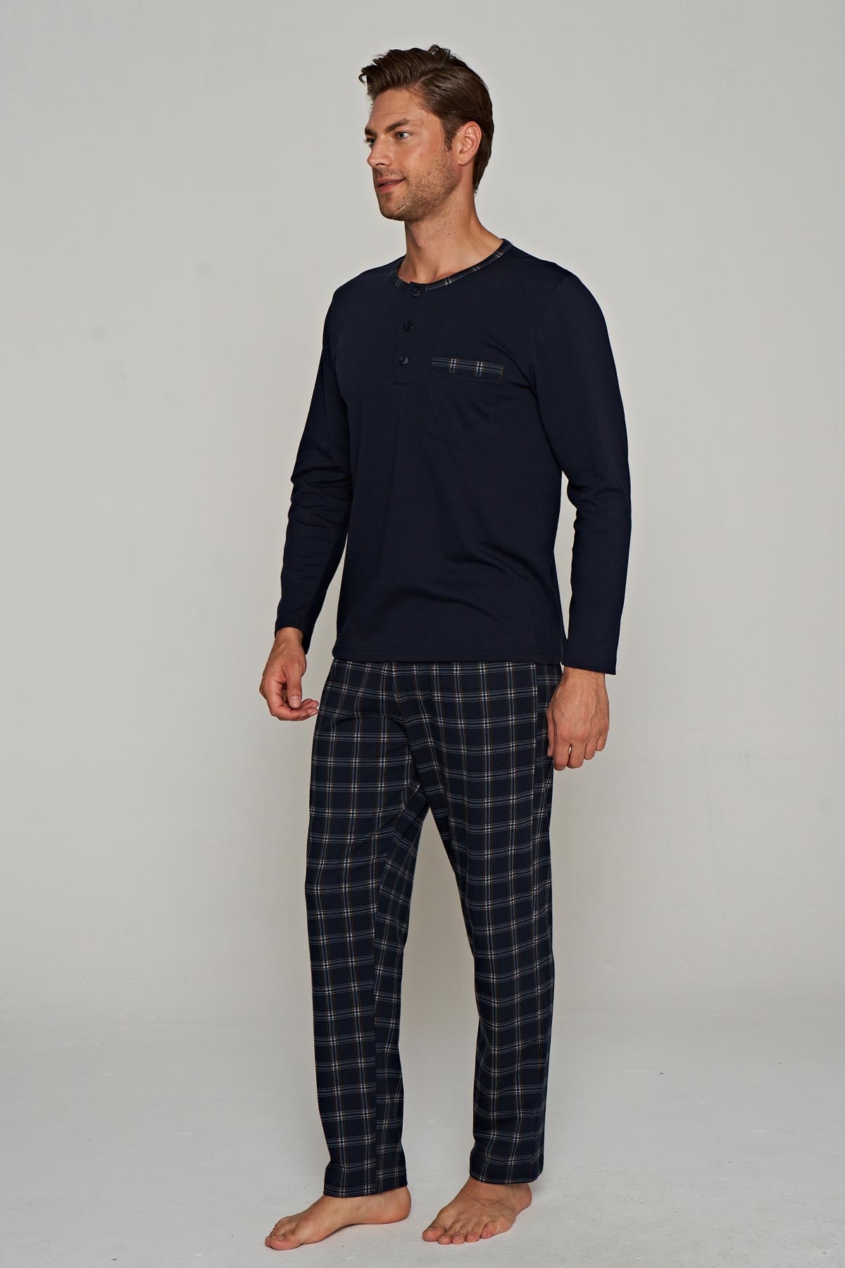 Pınarca Erkek Pijama Takımı Uzun Kollu Düğmeli Kareli Pijama Altı