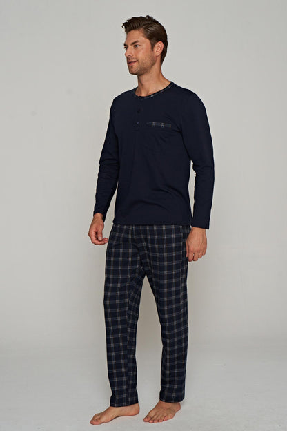 Pınarca Erkek Pijama Takımı Uzun Kollu Düğmeli Kareli Pijama Altı