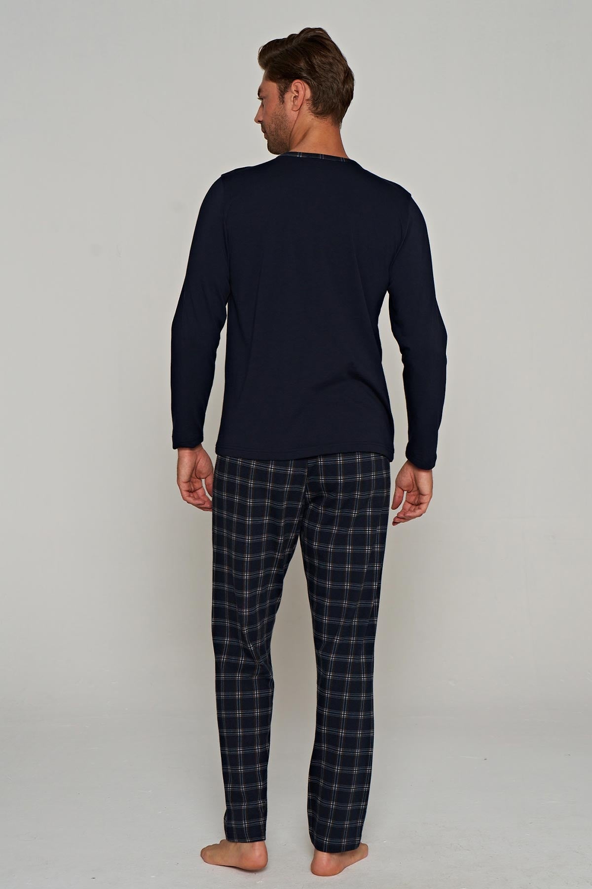 Pınarca Erkek Pijama Takımı Uzun Kollu Düğmeli Kareli Pijama Altı