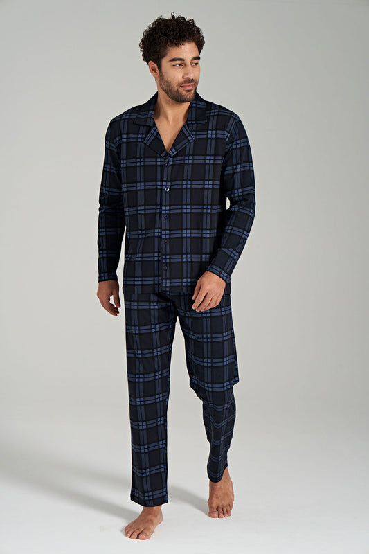 Pınarca Erkek Pijama Takımı Uzun Kollu Ekose Düğmeli