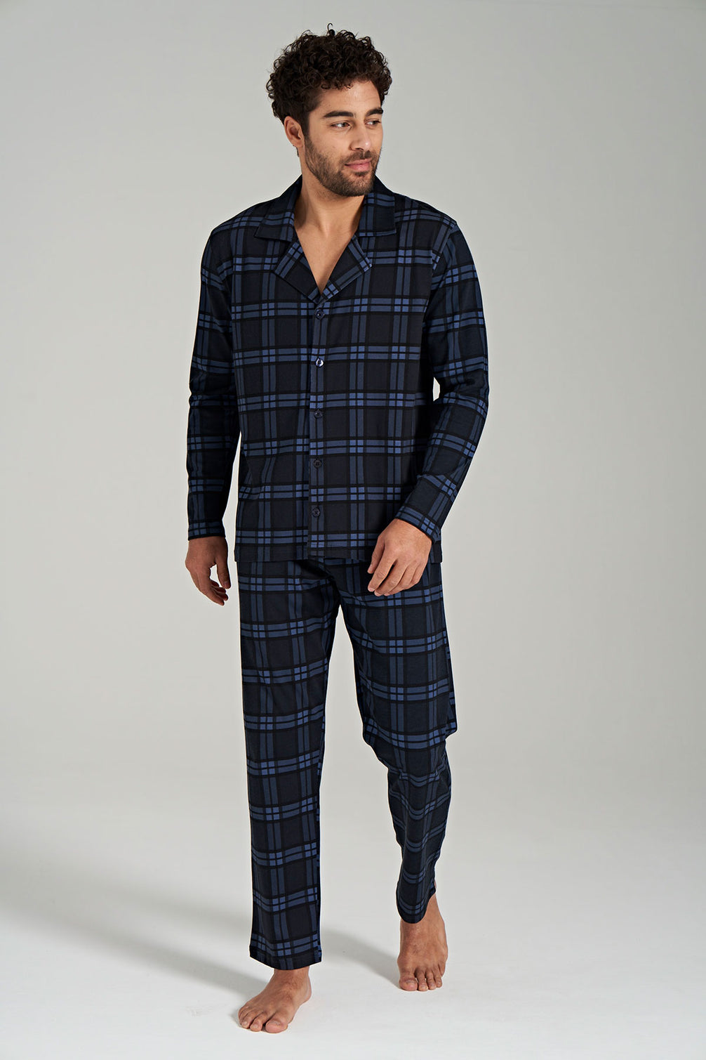 Pınarca Erkek Pijama Takımı Uzun Kollu Ekose Düğmeli Büyük Beden