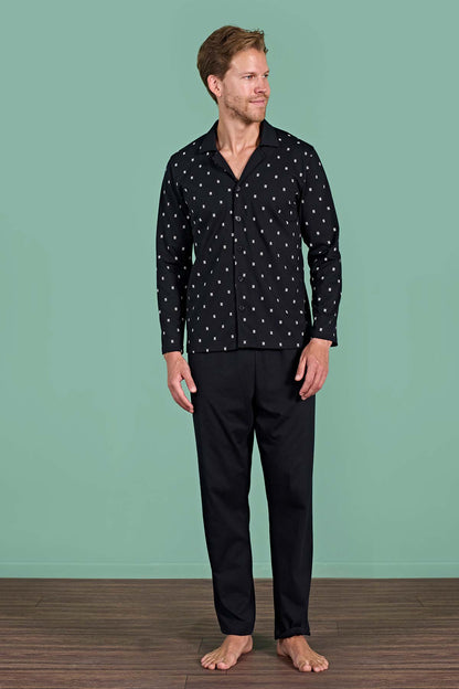 Pınarca Erkek Pijama Takımı Uzun Kollu Gömlek Yaka Büyük Beden Desenli Pamuklu