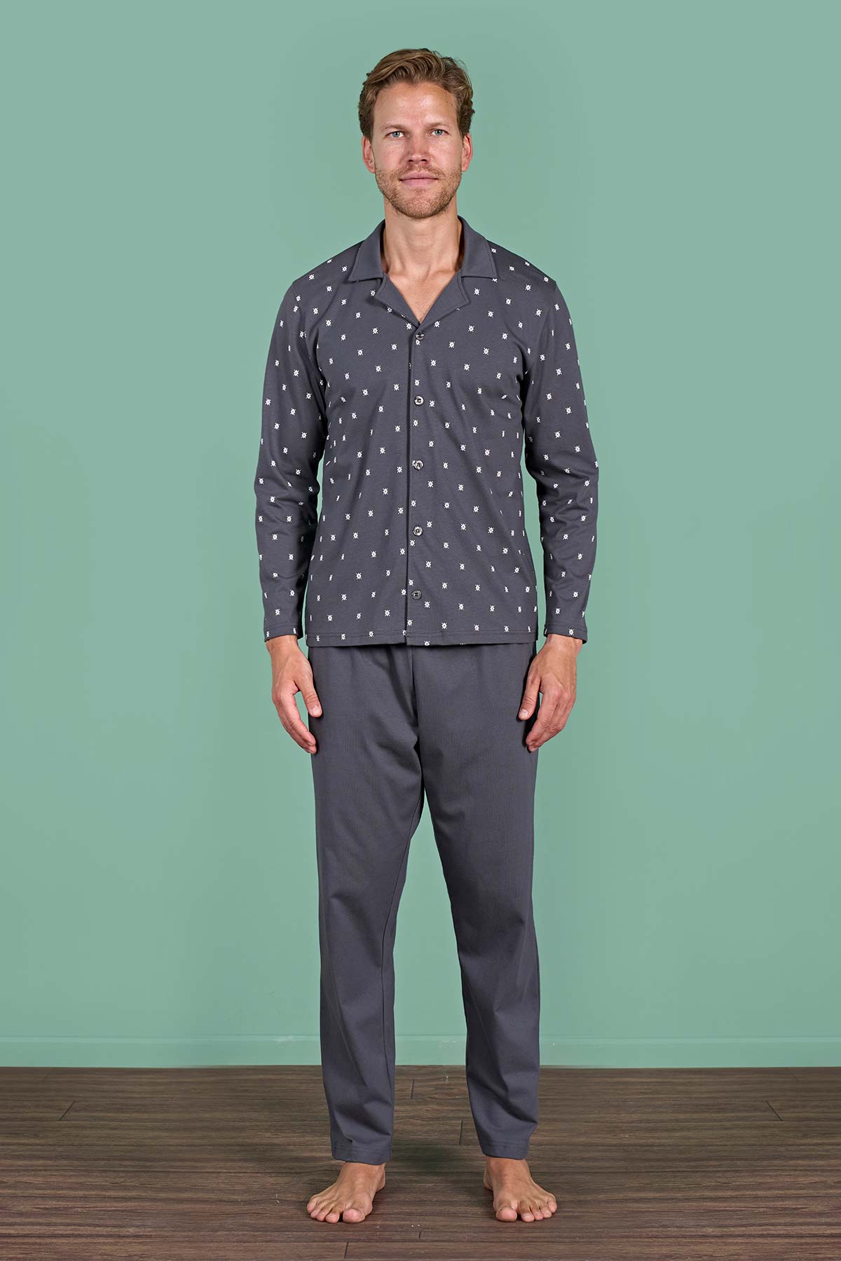 Pınarca Erkek Pijama Takımı Uzun Kollu Gömlek Yaka Büyük Beden Desenli Pamuklu