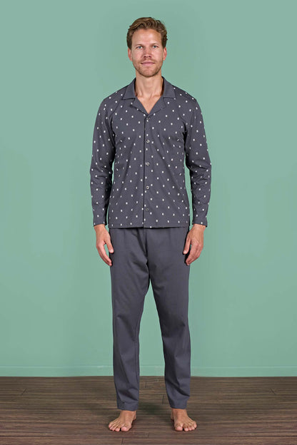 Pınarca Erkek Pijama Takımı Uzun Kollu Gömlek Yaka Büyük Beden Desenli Pamuklu