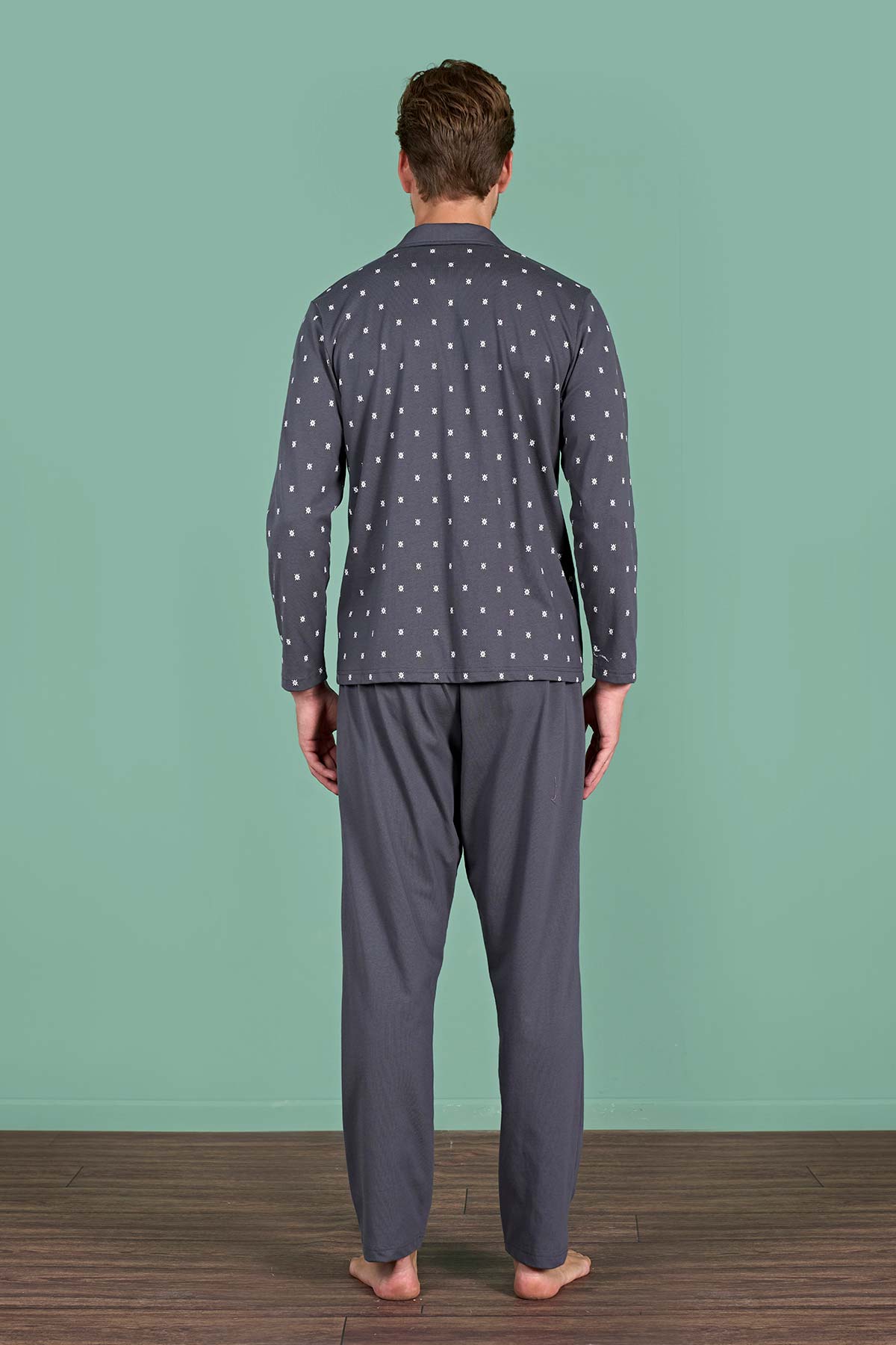 Pınarca Erkek Pijama Takımı Uzun Kollu Gömlek Yaka Büyük Beden Desenli Pamuklu