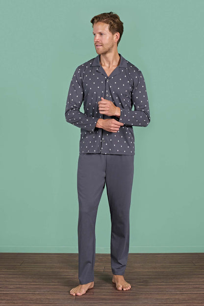 Pınarca Erkek Pijama Takımı Uzun Kollu Gömlek Yaka Büyük Beden Desenli Pamuklu