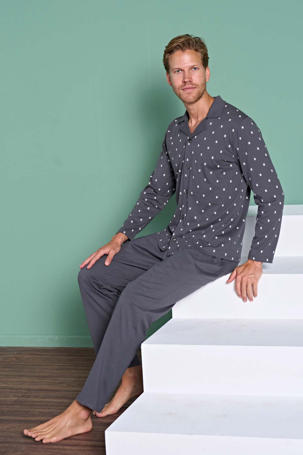 Pınarca Erkek Pijama Takımı Uzun Kollu Gömlek Yaka Büyük Beden Desenli Pamuklu