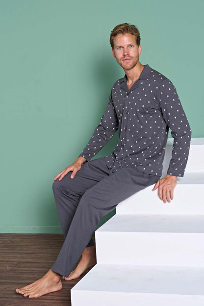 Pınarca Erkek Pijama Takımı Uzun Kollu Gömlek Yaka Büyük Beden Desenli Pamuklu