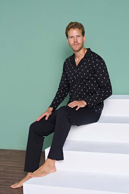 Pınarca Erkek Pijama Takımı Uzun Kollu Gömlek Yaka Büyük Beden Desenli Pamuklu