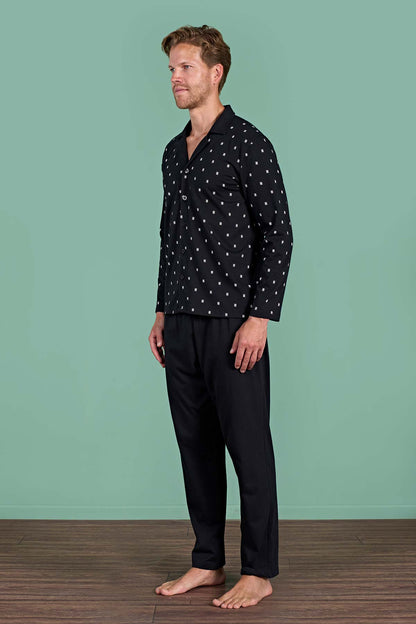 Pınarca Erkek Pijama Takımı Uzun Kollu Gömlek Yaka Büyük Beden Desenli Pamuklu