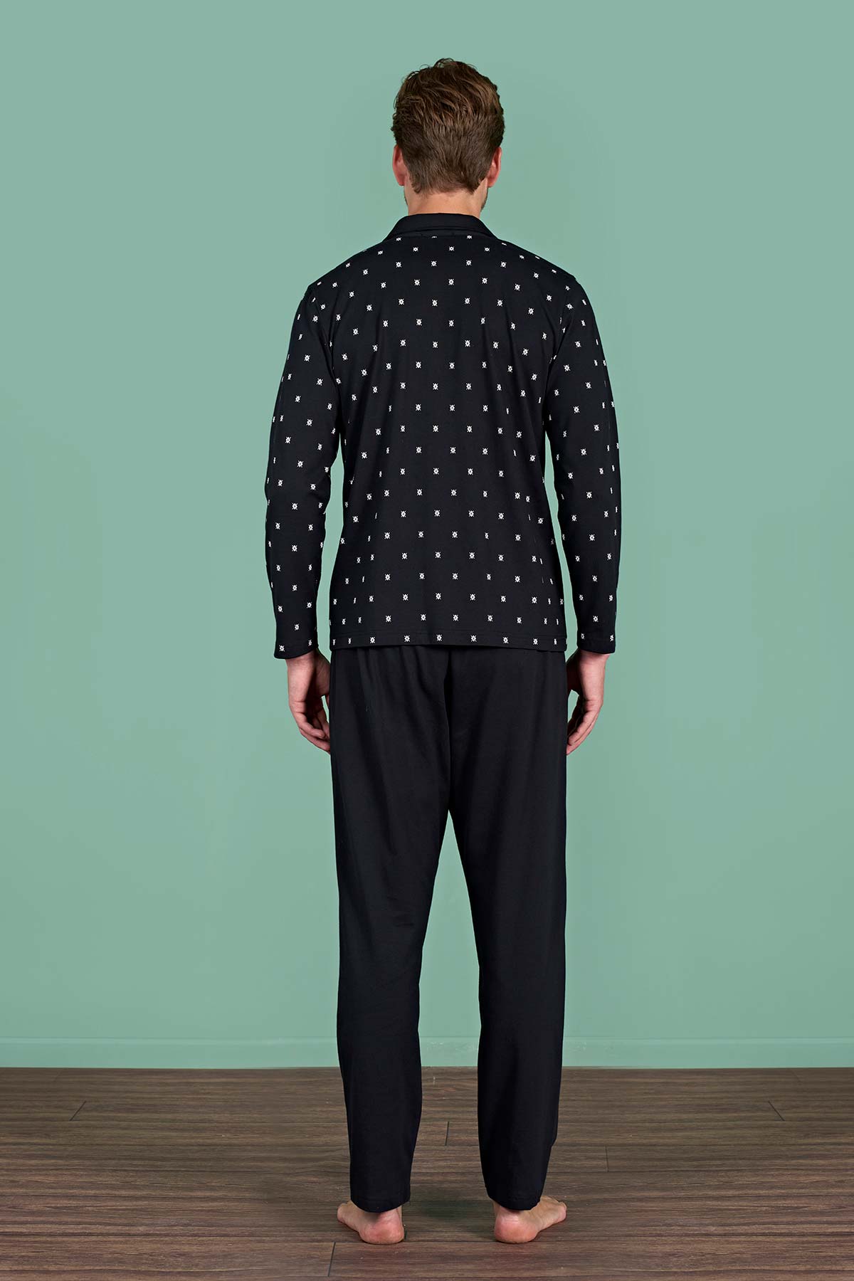 Pınarca Erkek Pijama Takımı Uzun Kollu Gömlek Yaka Büyük Beden Desenli Pamuklu