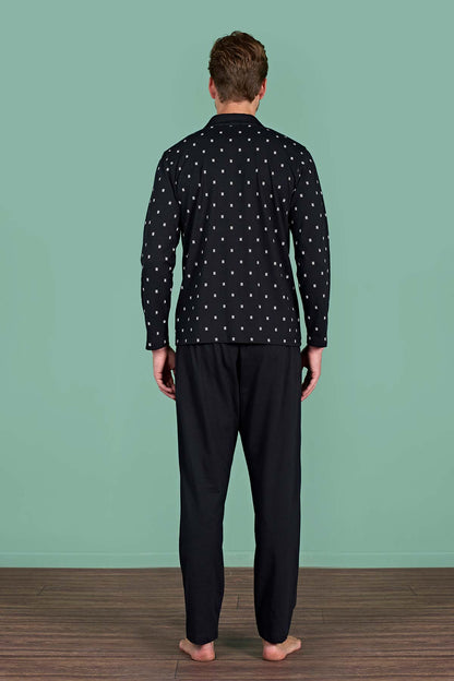 Pınarca Erkek Pijama Takımı Uzun Kollu Gömlek Yaka Büyük Beden Desenli Pamuklu
