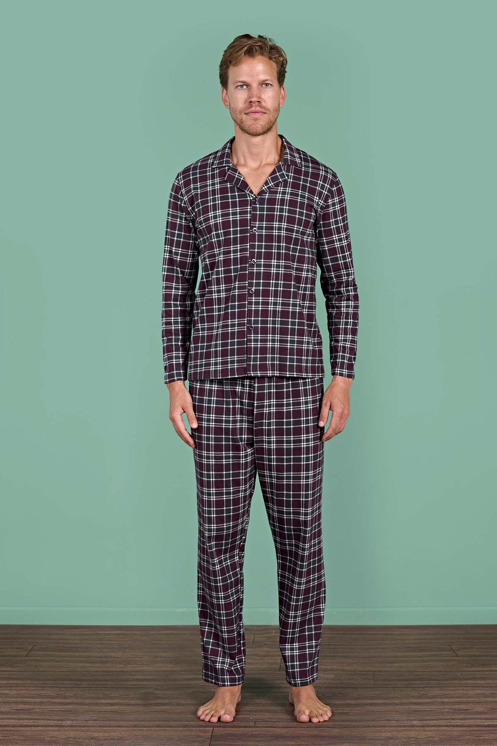Pınarca Erkek Pijama Takımı Uzun Kollu Gömlek Yaka Ekoseli Pamuklu Eşli