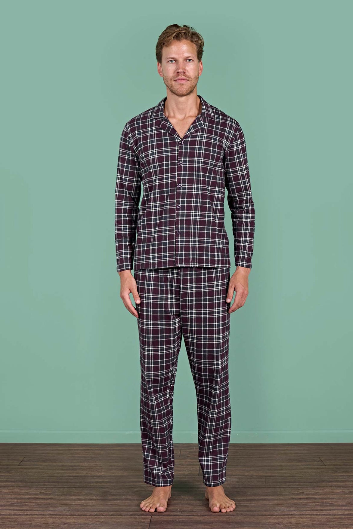 Pınarca Erkek Pijama Takımı Uzun Kollu Gömlek Yaka Ekoseli Pamuklu Eşli