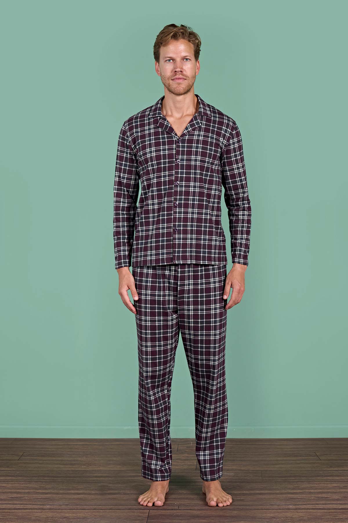 Pınarca Erkek Pijama Takımı Uzun Kollu Gömlek Yaka Ekoseli Pamuklu Eşli