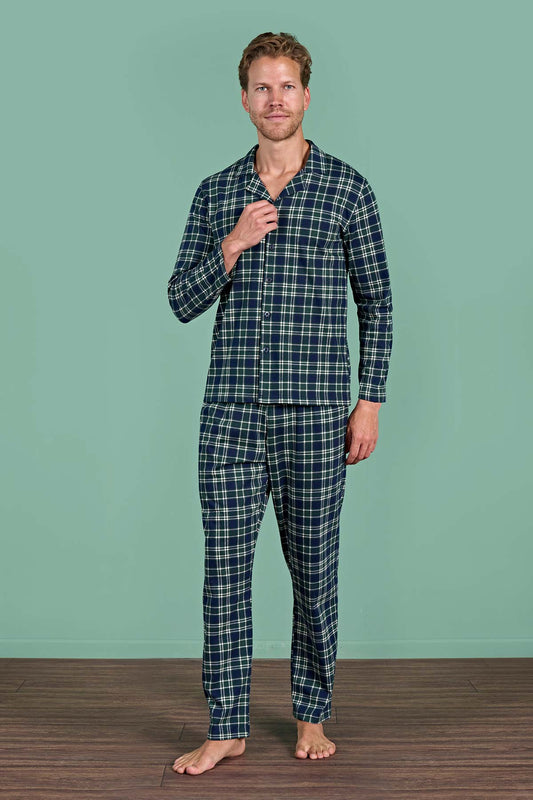 Pınarca Erkek Pijama Takımı Uzun Kollu Gömlek Yaka Ekoseli Pamuklu Eşli
