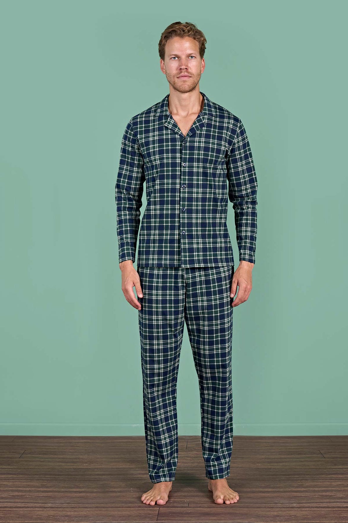 Pınarca Erkek Pijama Takımı Uzun Kollu Gömlek Yaka Ekoseli Pamuklu Eşli