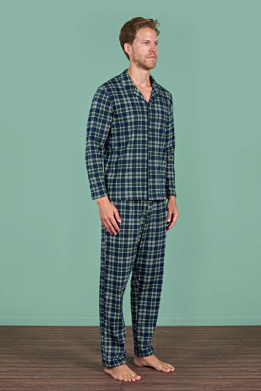 Pınarca Erkek Pijama Takımı Uzun Kollu Gömlek Yaka Ekoseli Pamuklu Eşli