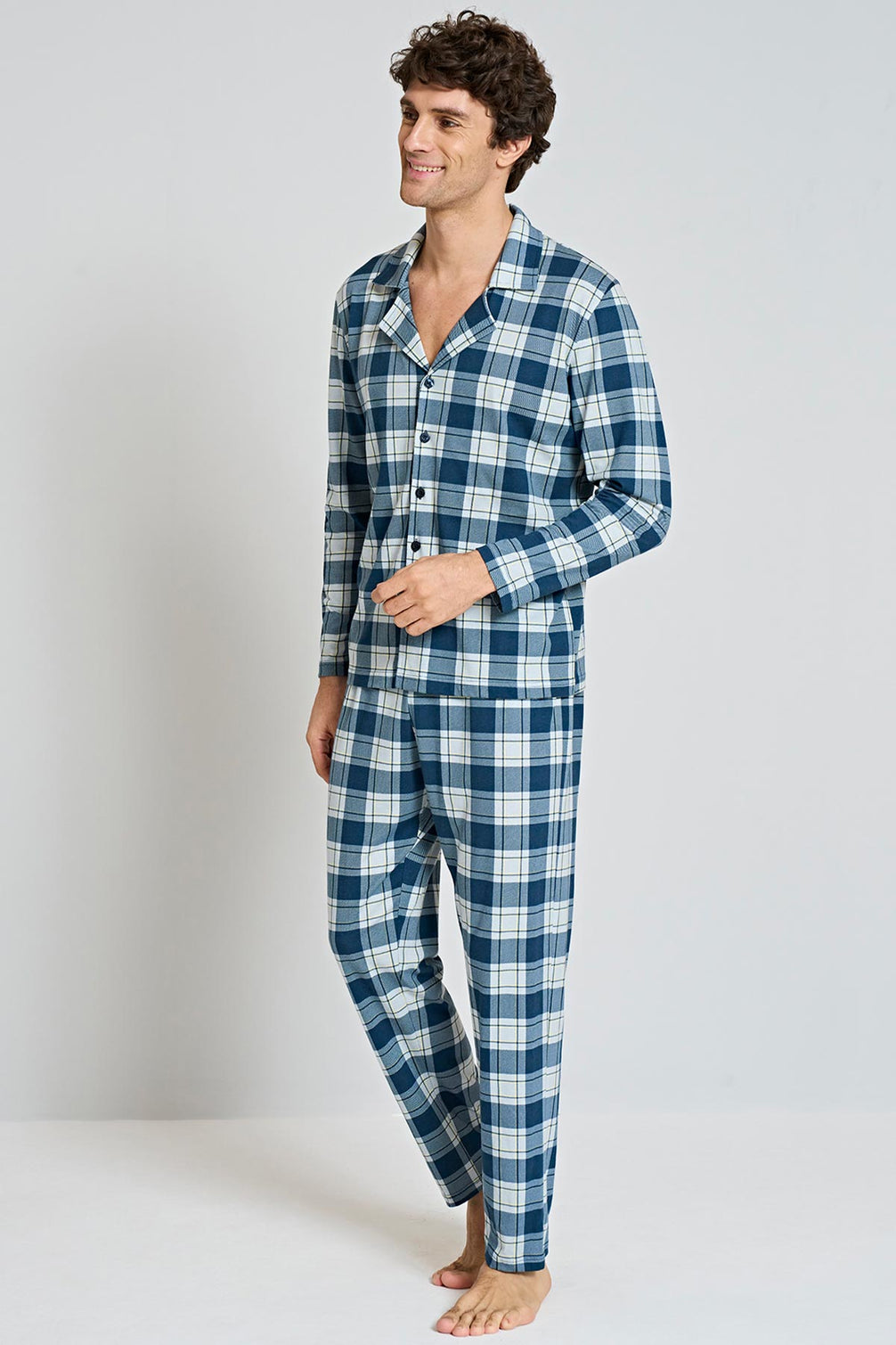 Pınarca Erkek Pijama Takımı Uzun Kollu Gömlek Yaka Penye Kareli