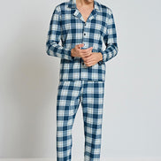 Pınarca Erkek Pijama Takımı Uzun Kollu Gömlek Yaka Penye Kareli